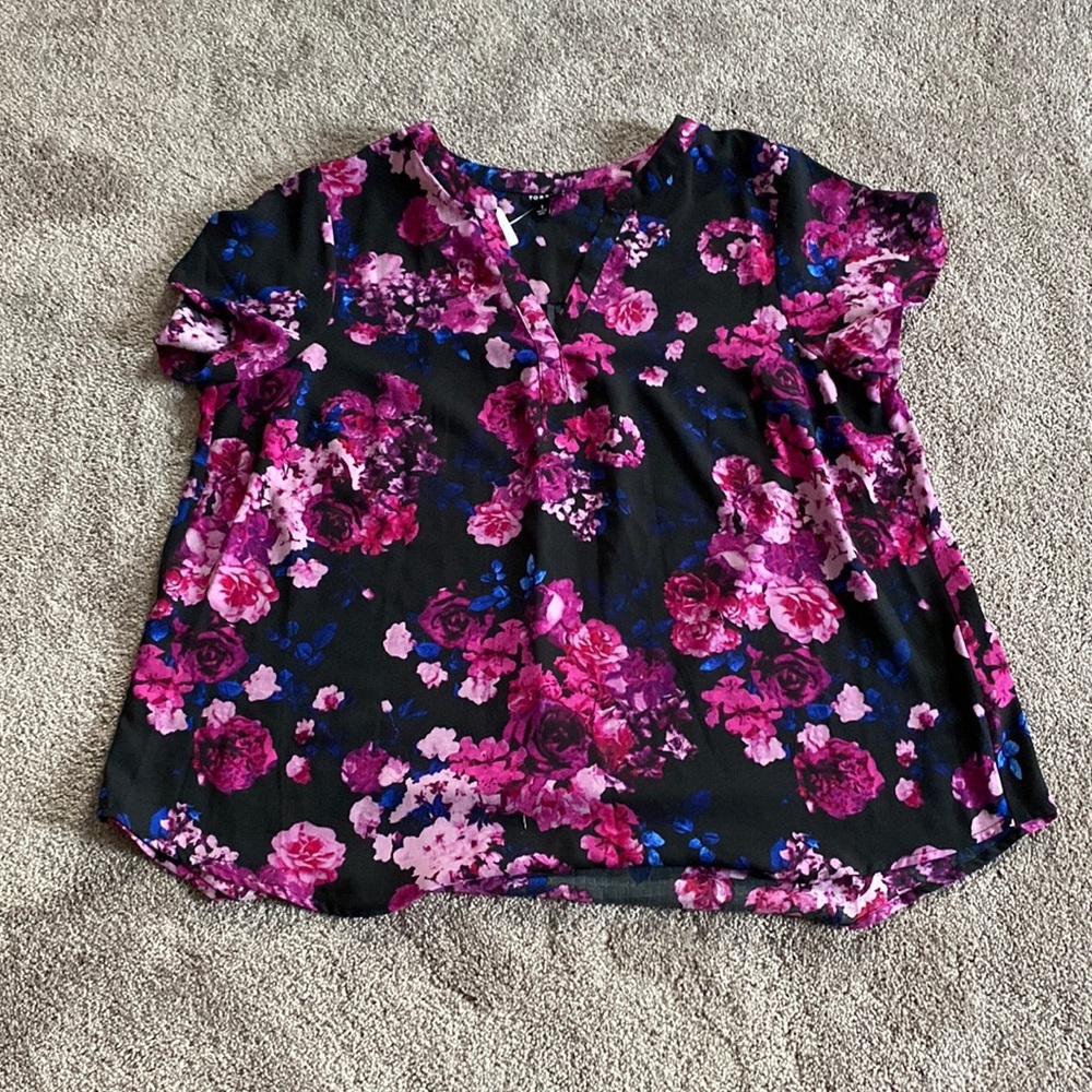 Torrid Black Floral Gauze Hi Lo Blouse Short Sleeve SIZE 1 Boho Plus Top